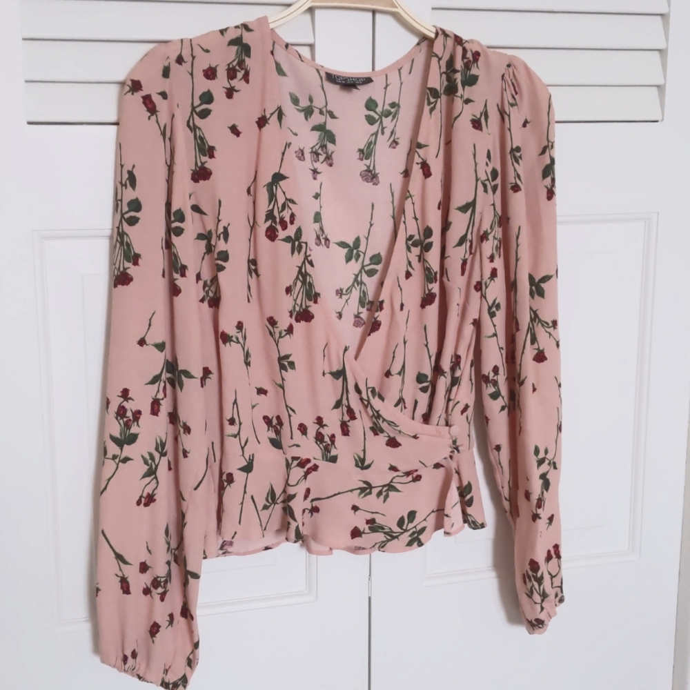 Topshop pink wrap blouse in rosebud print